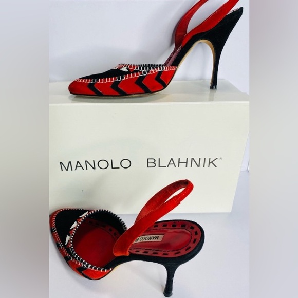 Manolo Blahnik Red and Black Patterned Suede snd Leather Heels Authentic - Picture 10 of 13
